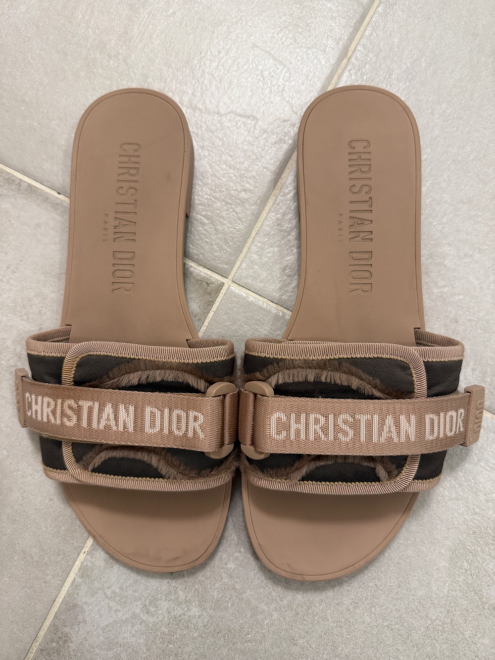 Dior Taupe and Dark Brown Webbing Slide Sandals - Picture 2 of 4